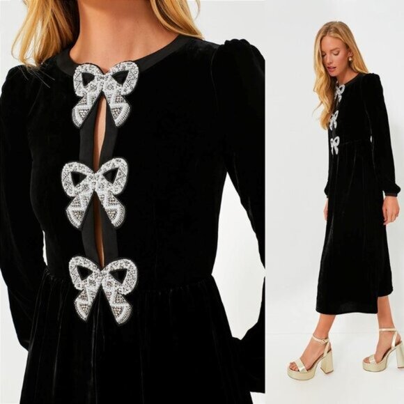 Saloni NEW Velvet Camille Bows Long Sleeve Formal Elegant Midi Dress Size 2 - Picture 12 of 12